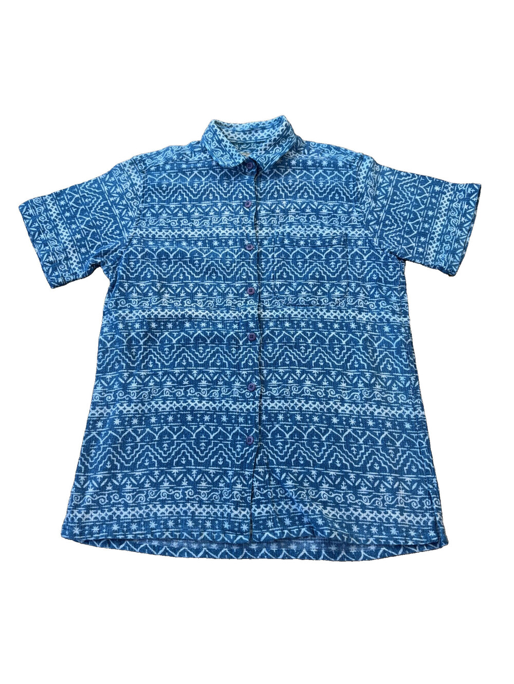 VTG Blue & White L.L.Bean Tribal Aztec Pattern Short Sleeve Women's Polo Shirt M